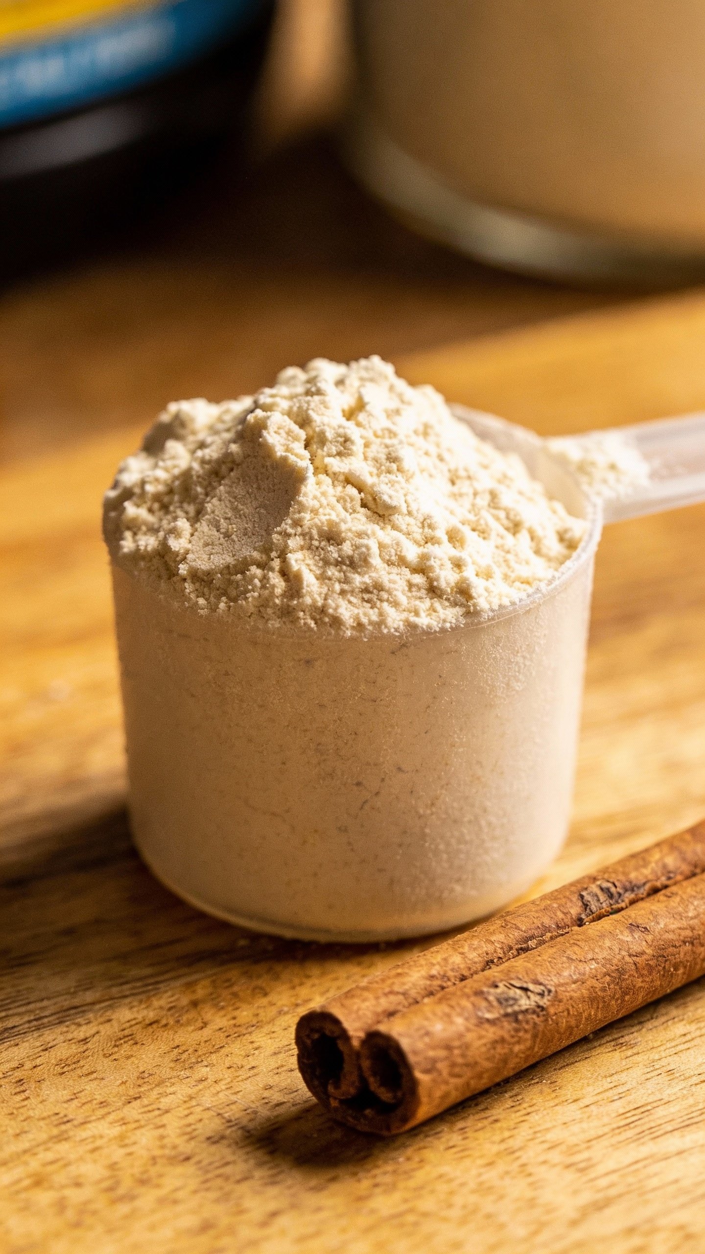 scoop of vanilla protein powder with cinnamon stick nearby