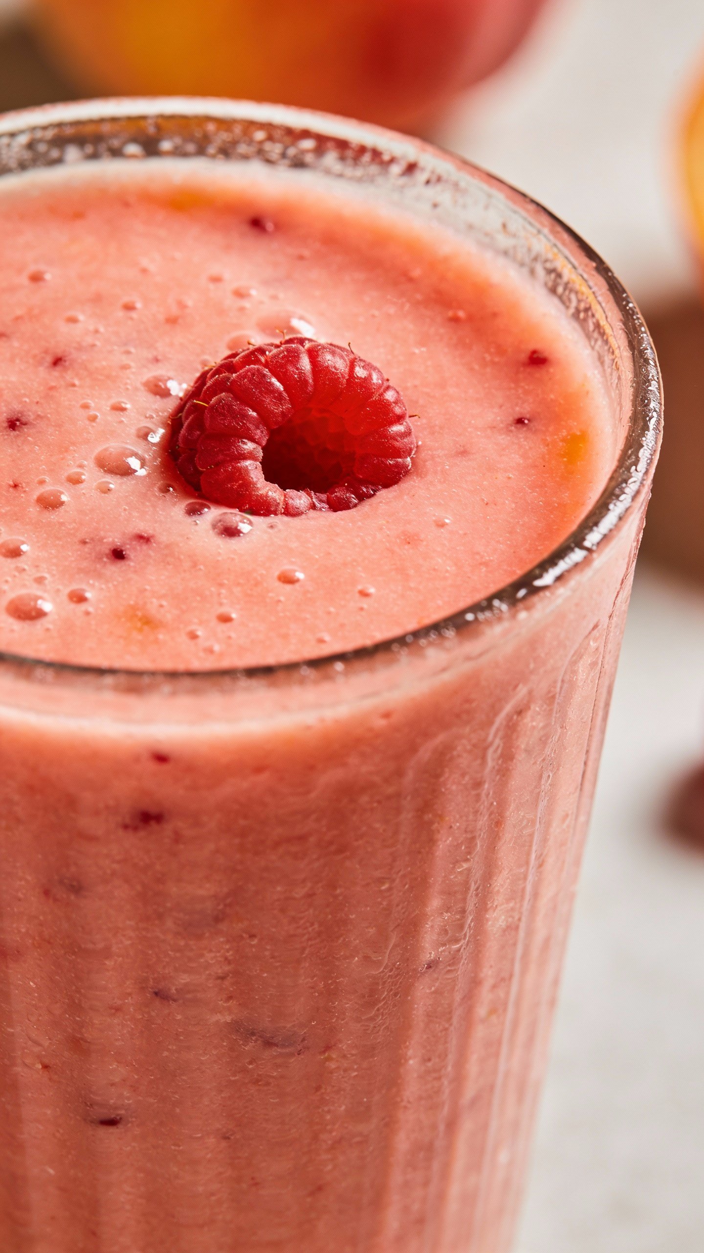 closeup raspberry peach smoothie in clear highball glass