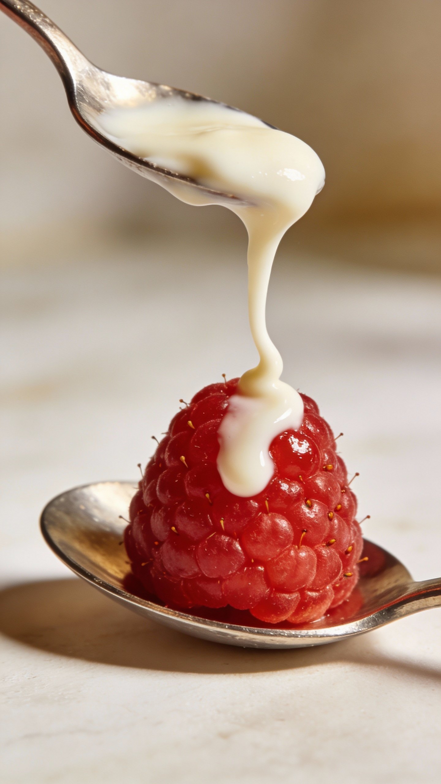 single ripe raspberry on spoon with yogurt drip