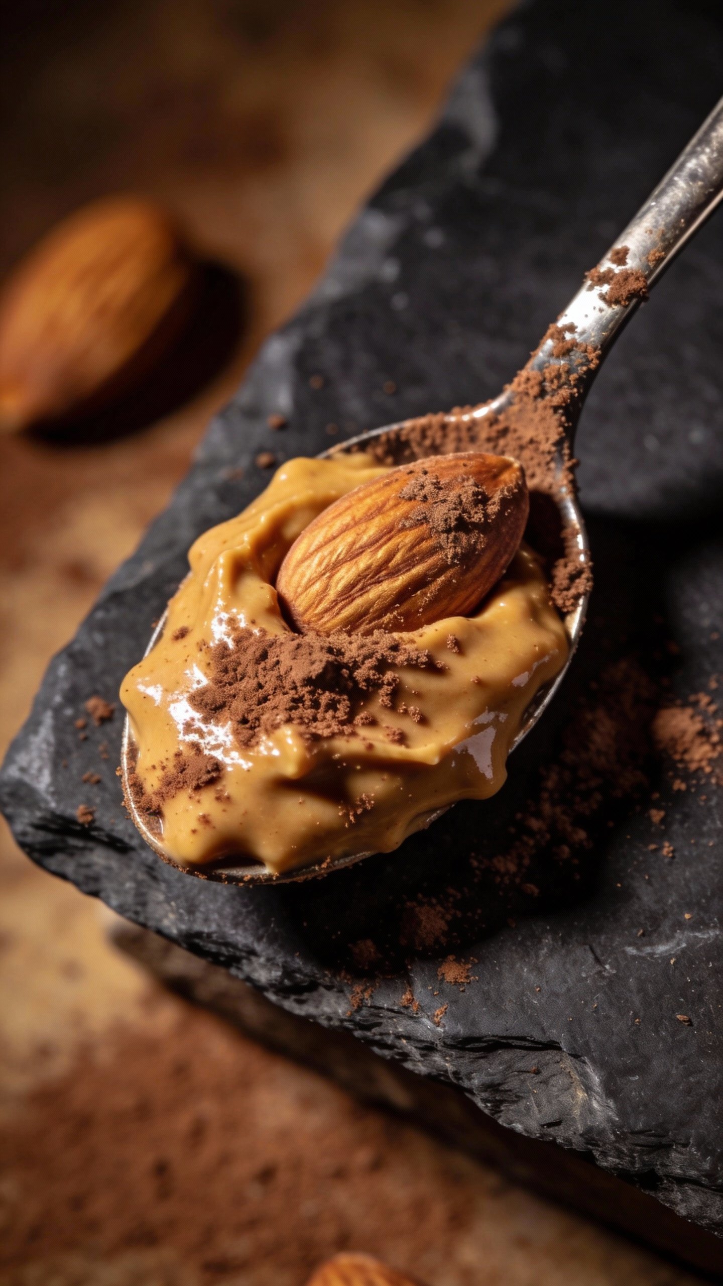 Closeup cocoa-dusted almond butter spoon on slate background