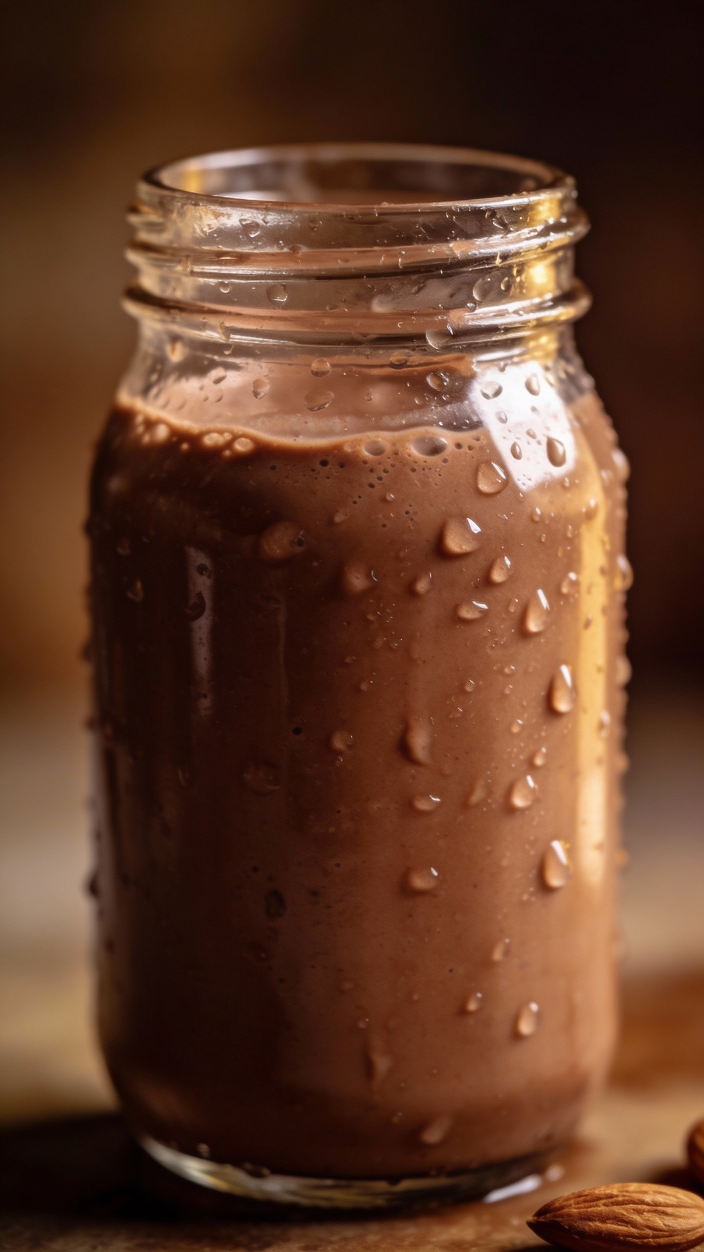 Single blender jar with chocolate almond smoothie, condensed droplets