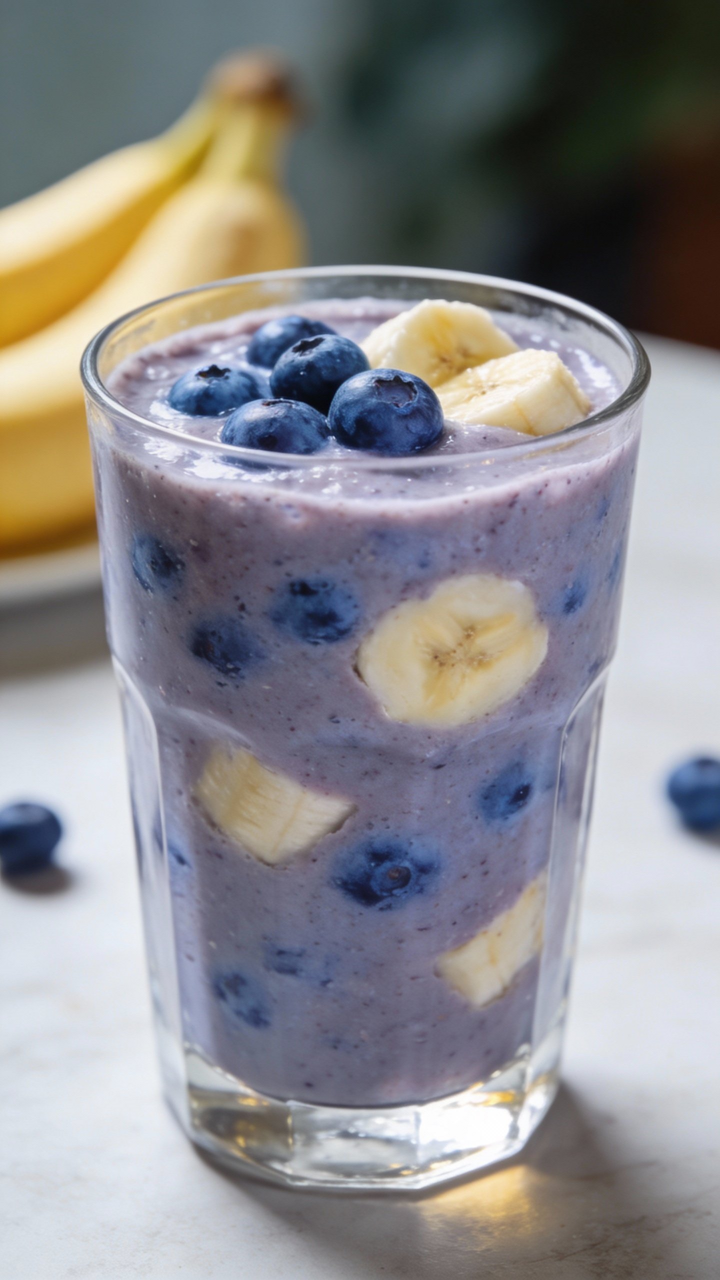 closeup blueberry banana smoothie in clear glass, soft daylight