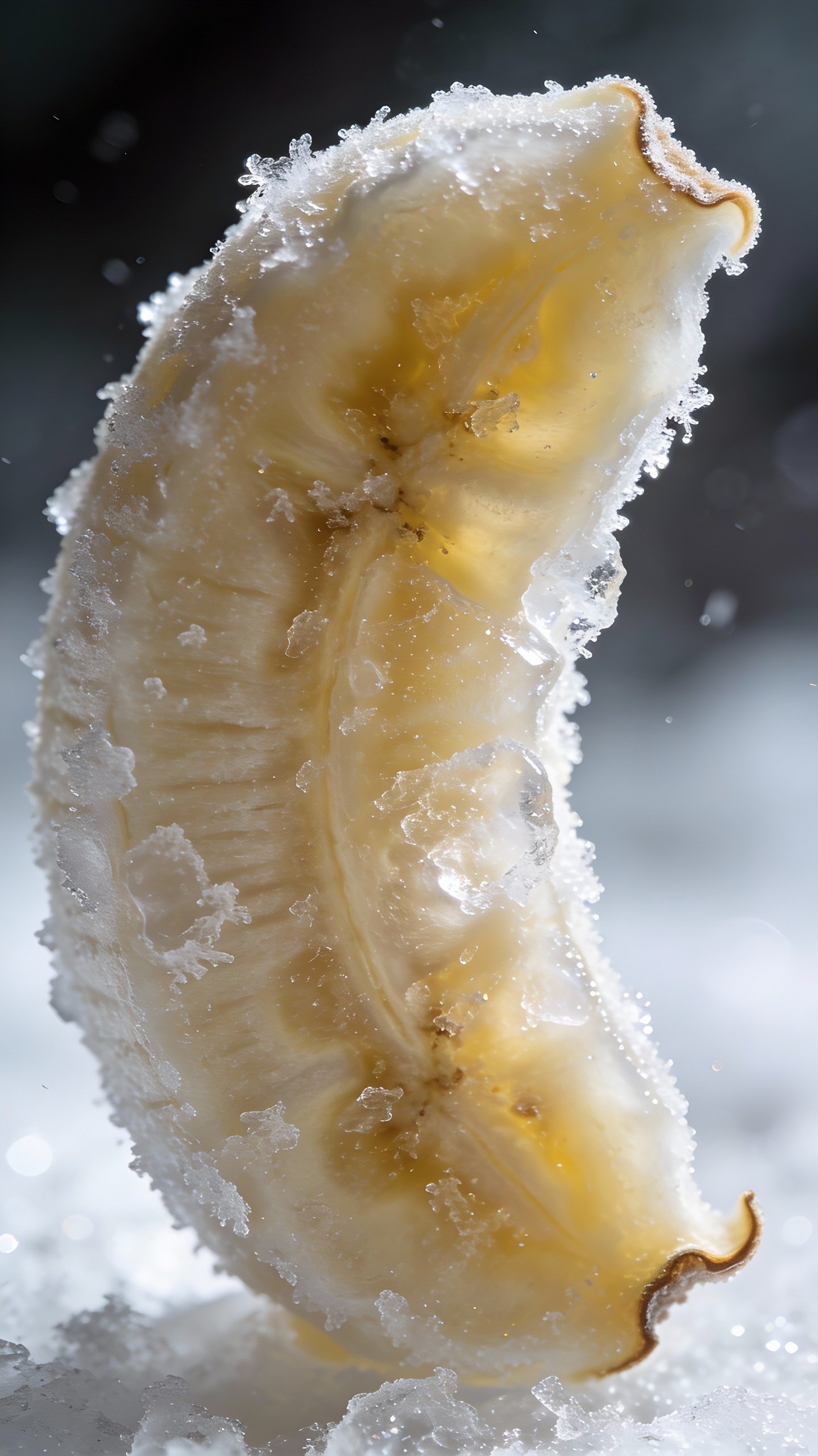 single frozen banana slice with frost, macro studio shot
