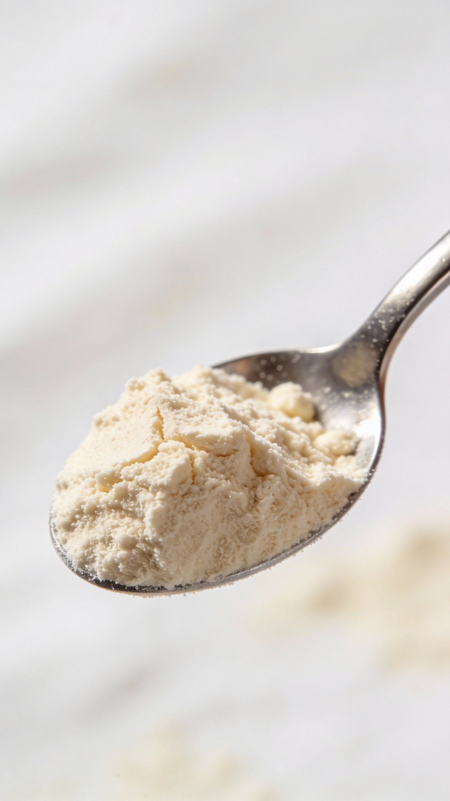 scoop of vanilla protein powder on stainless tablespoon, macro