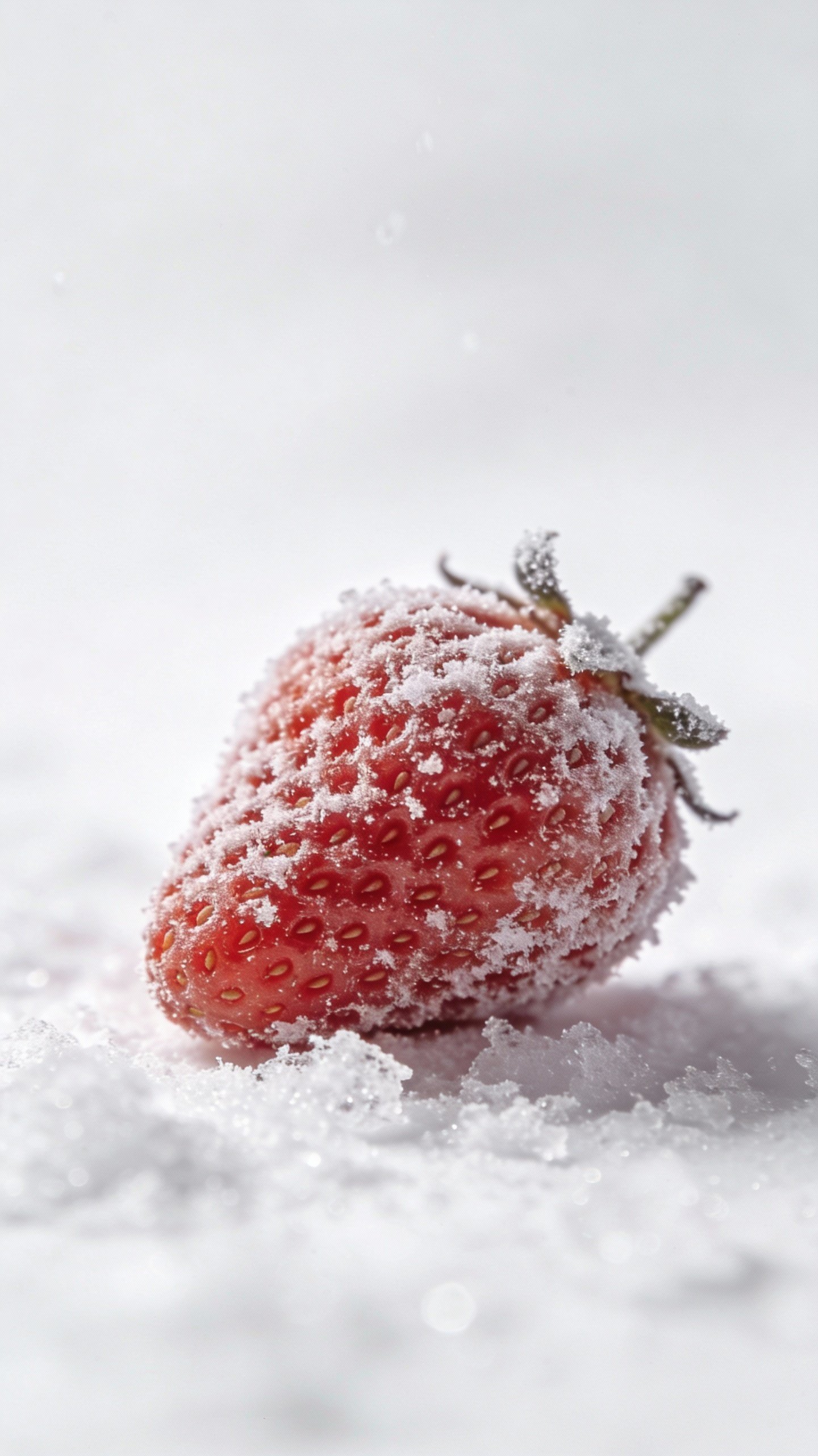 single frozen strawberry coated in frost on white backdrop