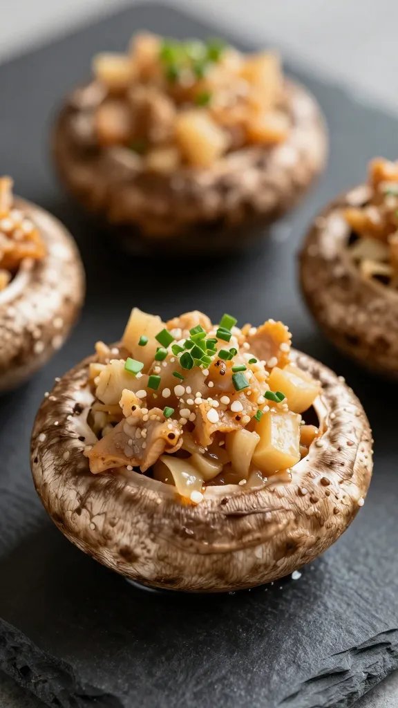closeup keto stuffed portobello mushroom on dark slate