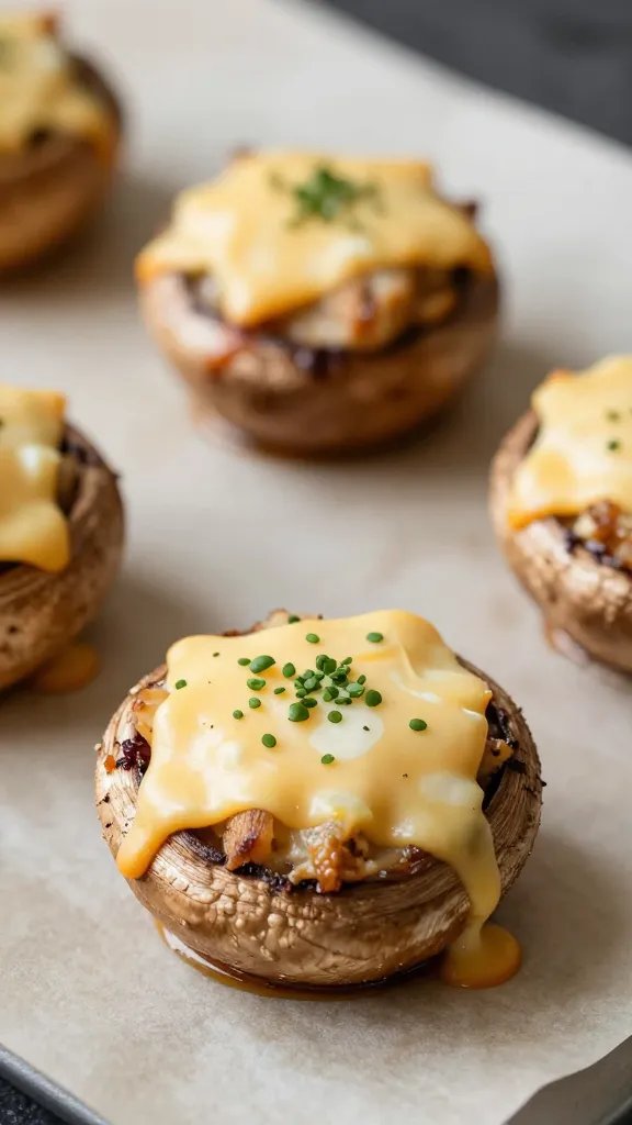 cheese-pulled stuffed portobello cap on parchment