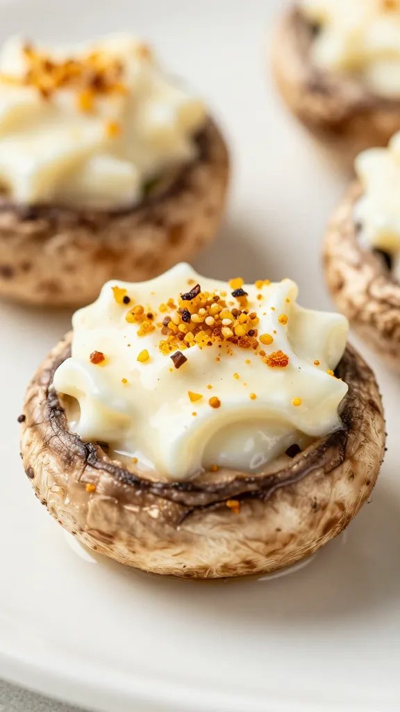 browned garlicky portobello mushroom with creamy filling, macro shot