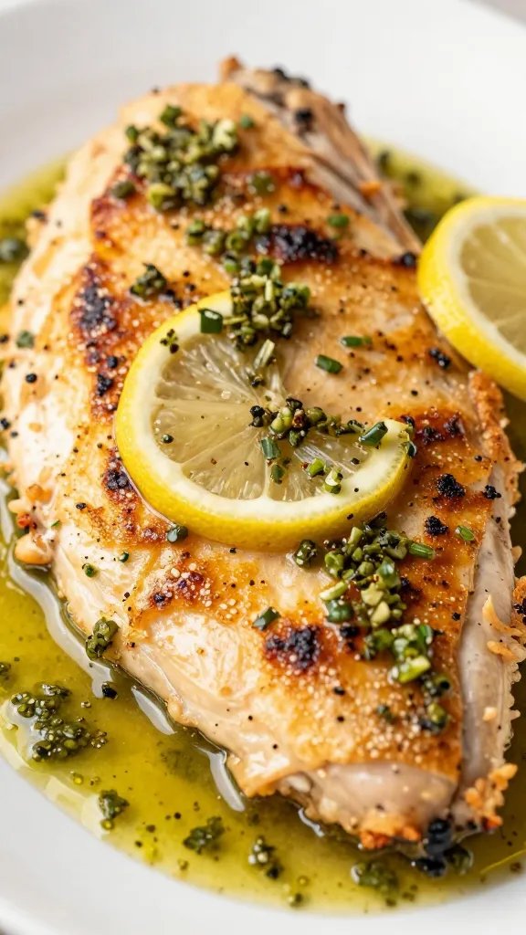 closeup of baked chicken piccata cutlet with lemon-caper sauce