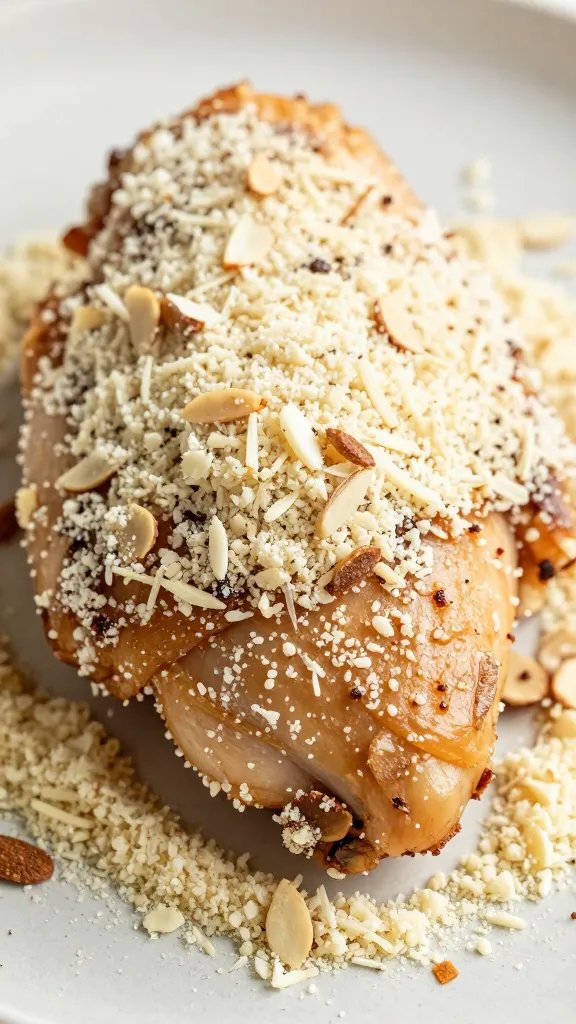 macro shot of almond flour parmesan crust on chicken
