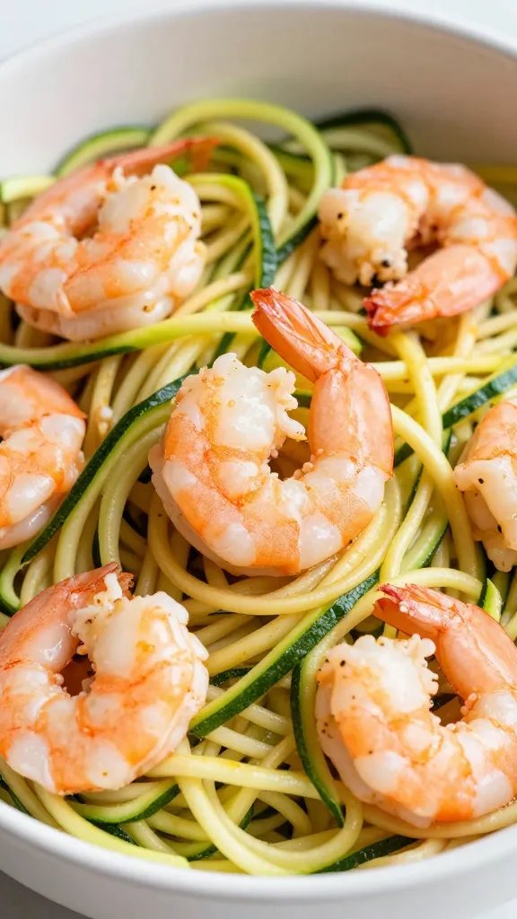 closeup bowl of keto shrimp scampi over zucchini noodles