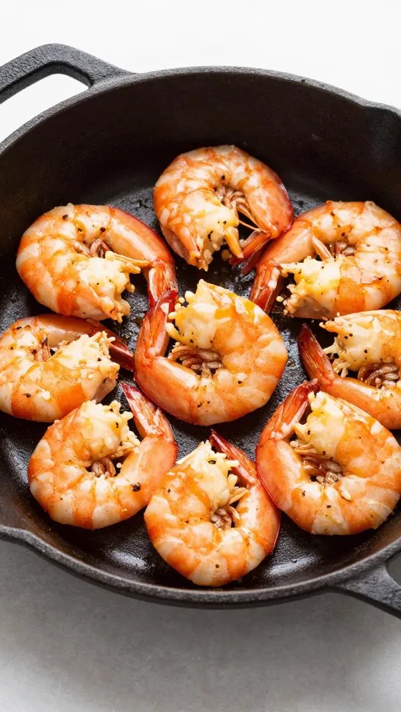 single cast-iron skillet of garlic butter shrimp scampi