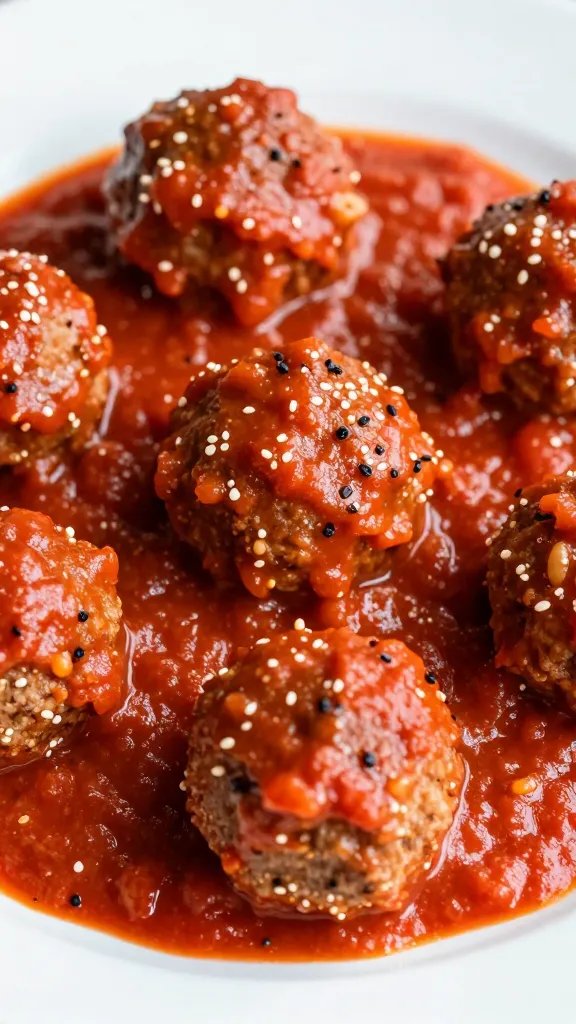 closeup keto Italian meatball in marinara on white plate