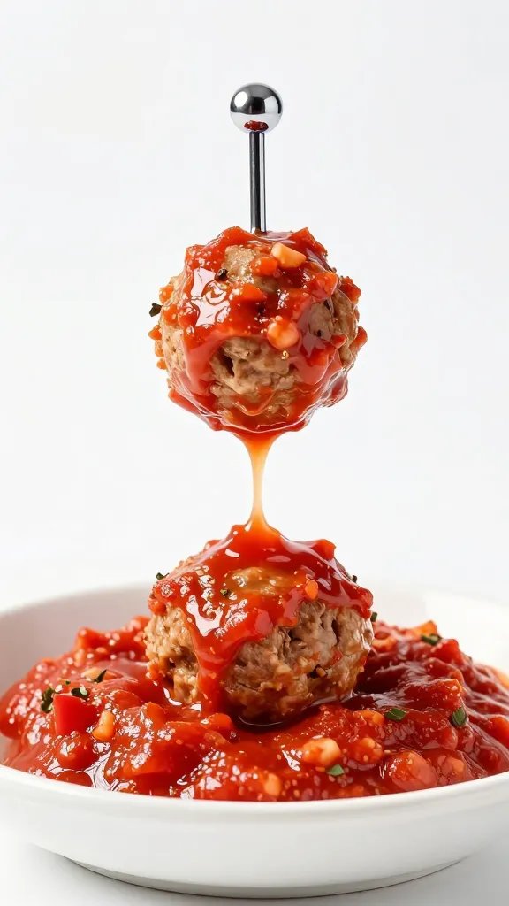 fork piercing single keto meatball dripping marinara