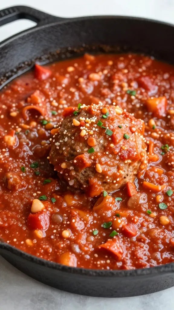 cast-iron skillet with one keto meatball in bubbling marinara