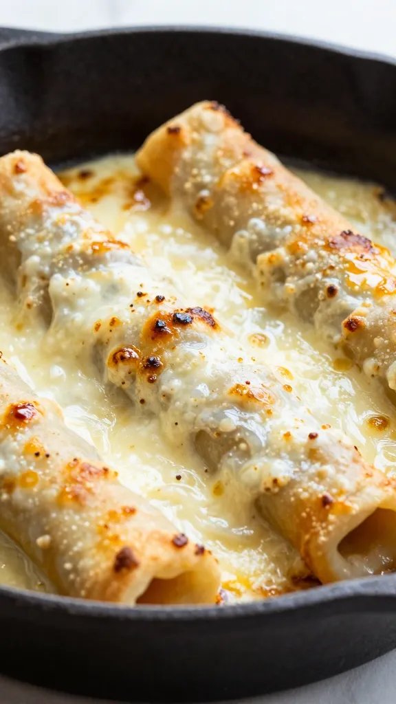 bubbling mozzarella-topped rollatini in cast-iron skillet, closeup