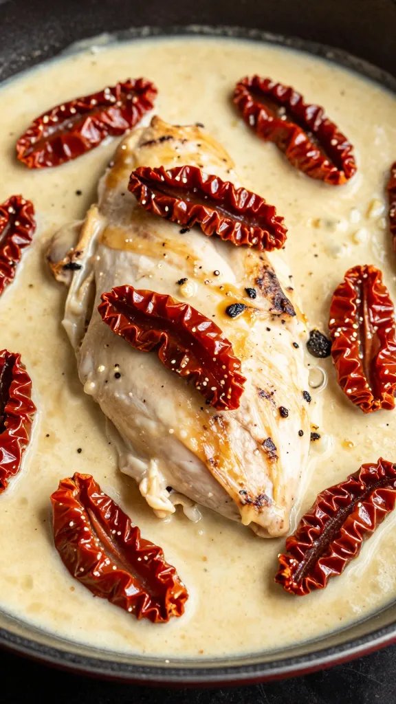 closeup skillet of creamy Tuscan garlic chicken, sun-dried tomatoes