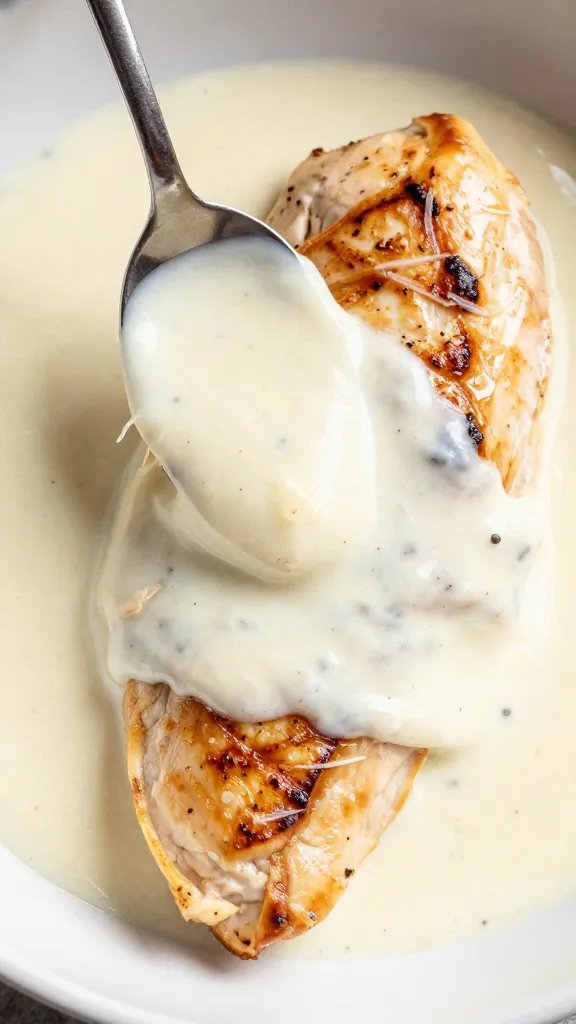 spoonful of garlic Parmesan cream sauce over seared chicken breast