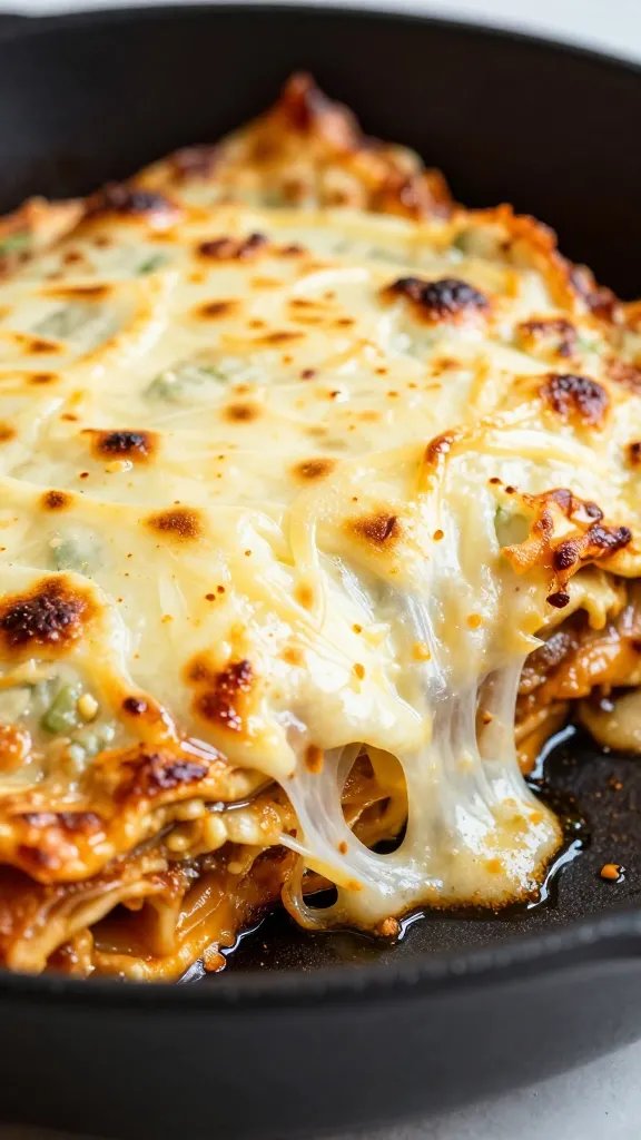closeup skillet keto lasagna with browned mozzarella cheese pull