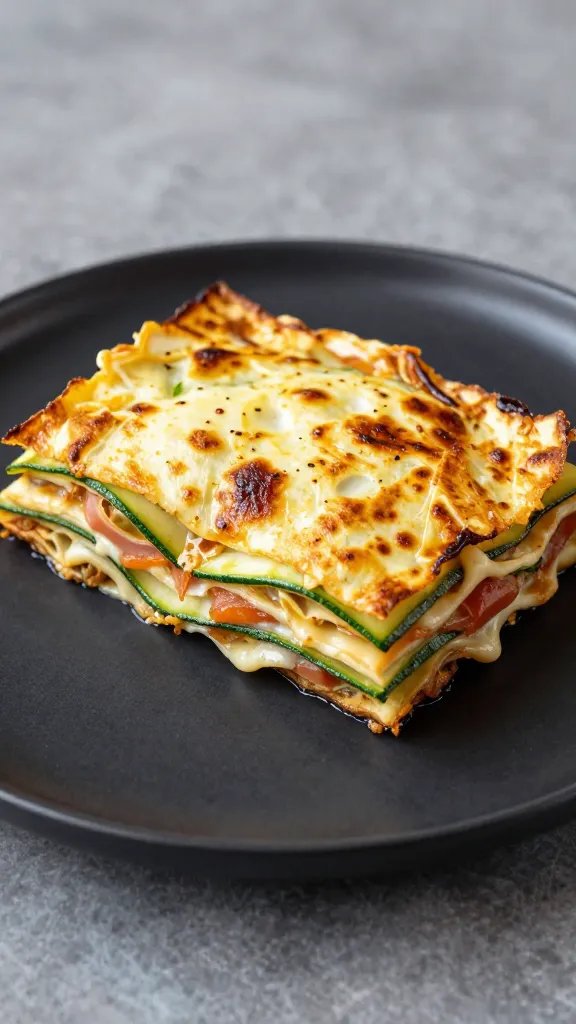 single slice zucchini-layered keto lasagna on matte black plate