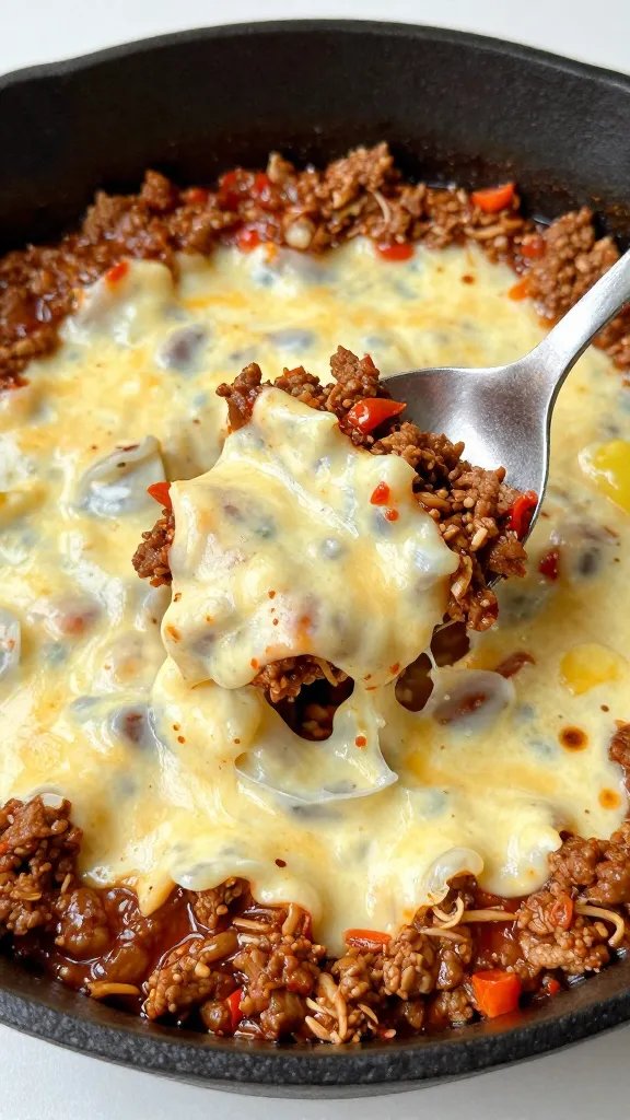 spoon scooping cheesy meat marinara from cast-iron skillet