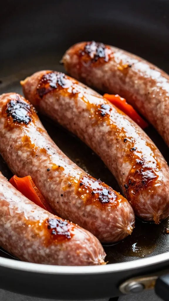 closeup skillet of keto Italian sausage with caramelized peppers