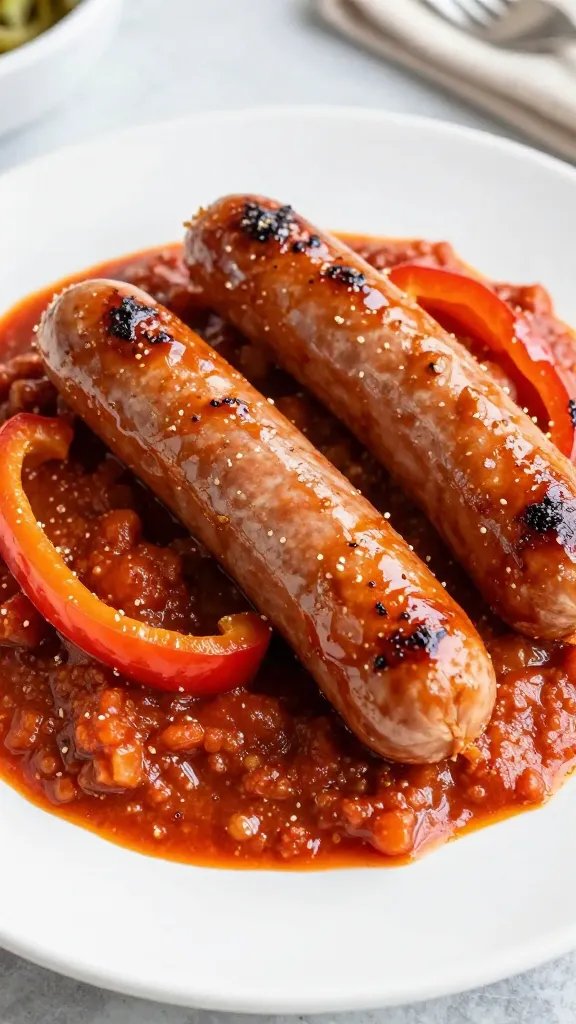 plated keto sausage and peppers, glossy marinara reduction