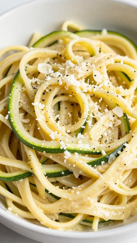 closeup bowl of zucchini noodle alfredo with parmesan garnish