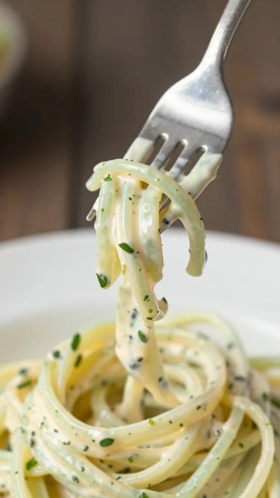 single fork twirl of zoodles coated in creamy alfredo sauce