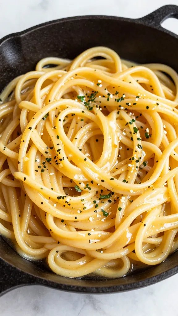 cast-iron skillet of zoodle alfredo with glossy garlic butter sauce