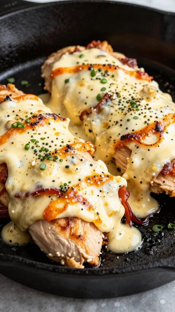 closeup keto chicken parmesan on cast-iron skillet