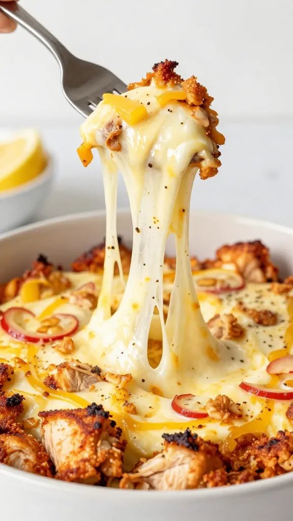 fork lifting mozzarella stretch from keto chicken parmesan