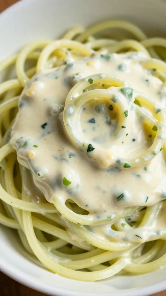 closeup bowl of zoodles with creamy Italian sauce