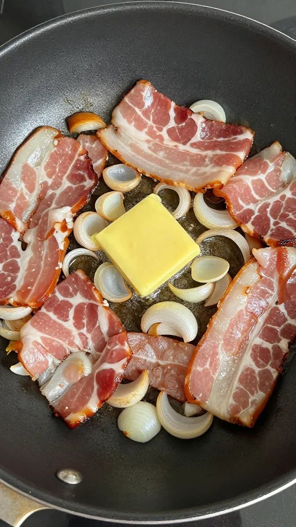 skillet of pancetta and shallots sizzling in butter