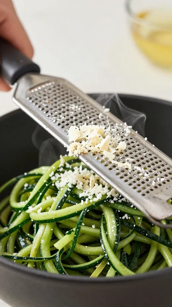 microplane grating Parmesan over steaming zoodles
