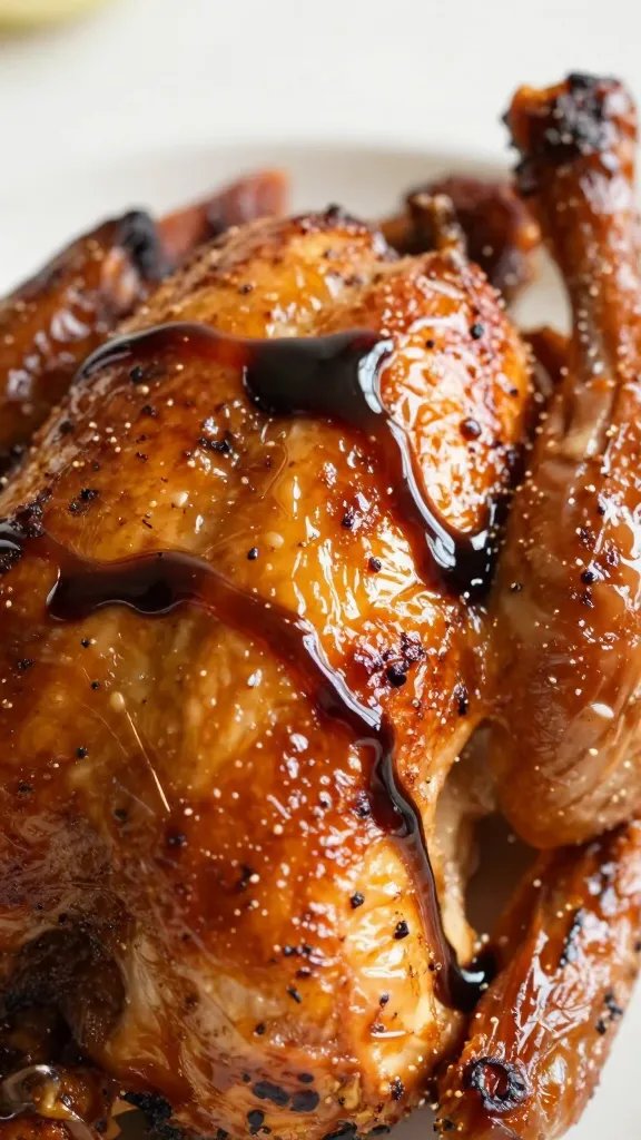 glossy balsamic reduction drizzled on roasted chicken closeup