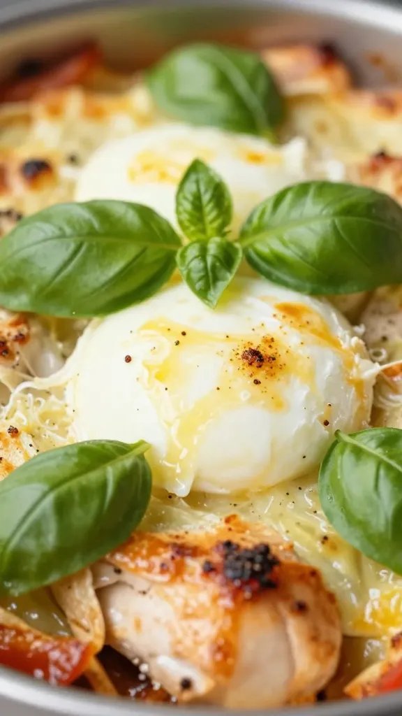 fresh basil leaves topping baked mozzarella on chicken closeup