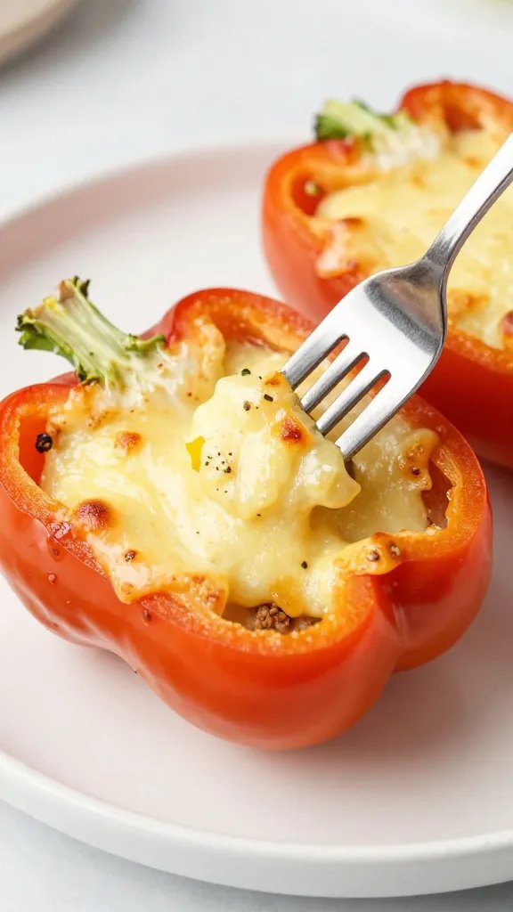 fork cutting into cheesy keto stuffed bell pepper