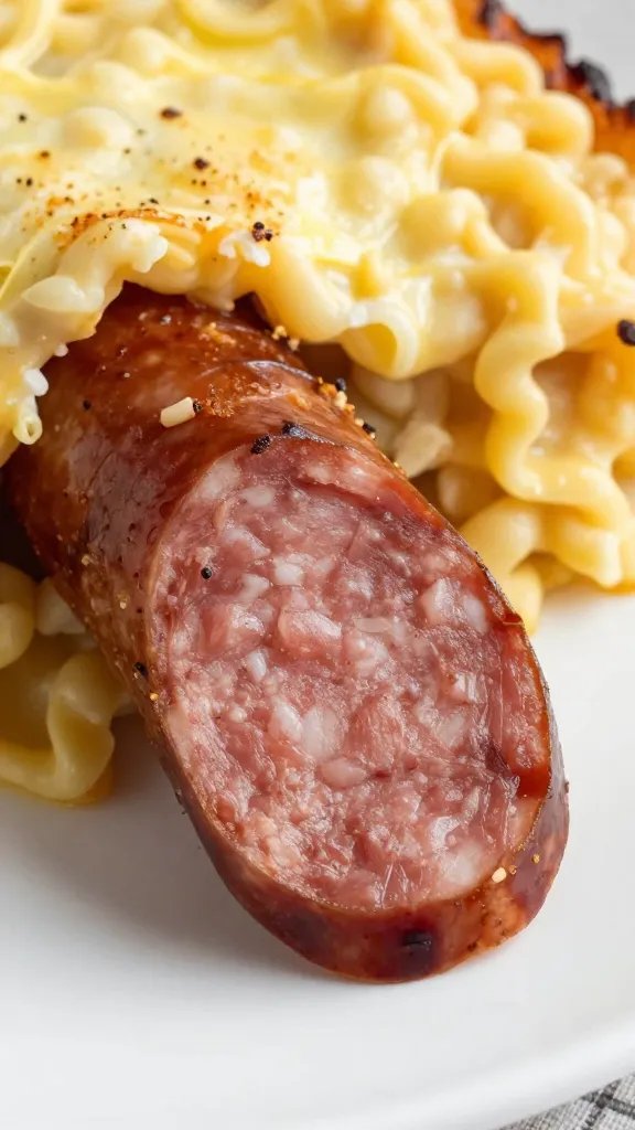 closeup slice of keto sausage alfredo bake on white plate