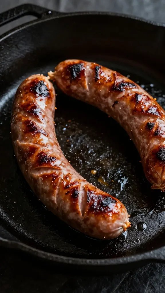 seared italian sausage link on cast-iron skillet, moody lighting