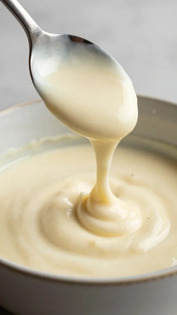 spoonful of creamy alfredo sauce dripping from ladle