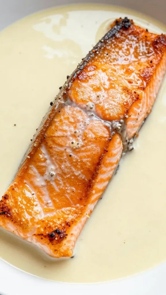 closeup of crispy skin-on salmon fillet in garlic cream