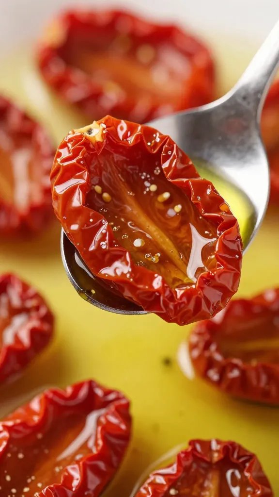 closeup of sun-dried tomatoes in olive oil on spoon