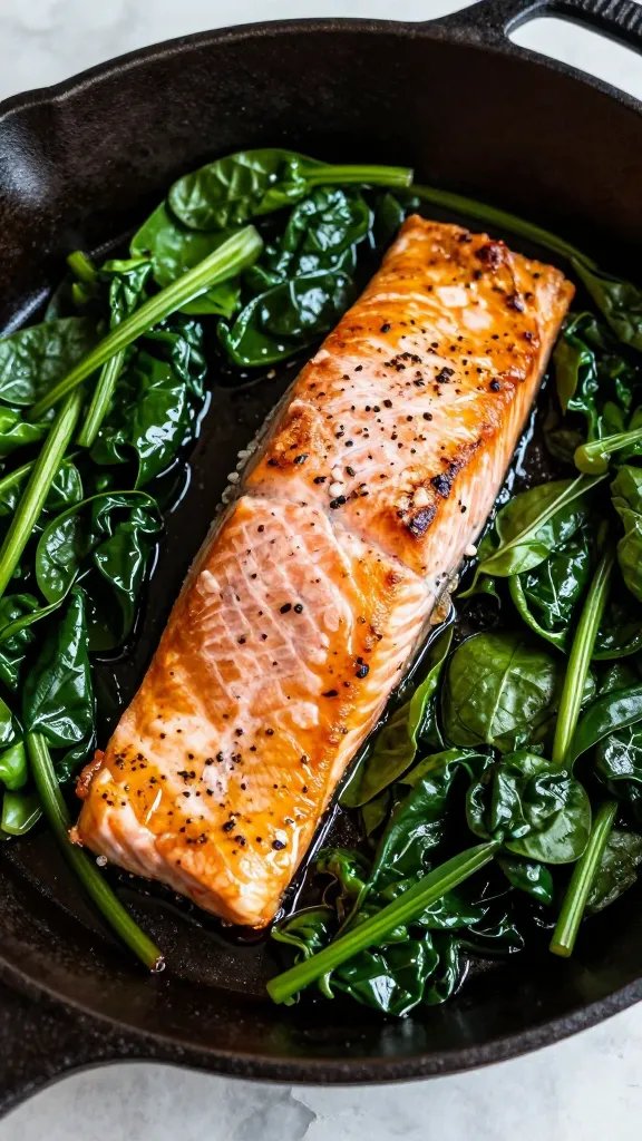 single cast-iron skillet with Tuscan salmon and wilted spinach