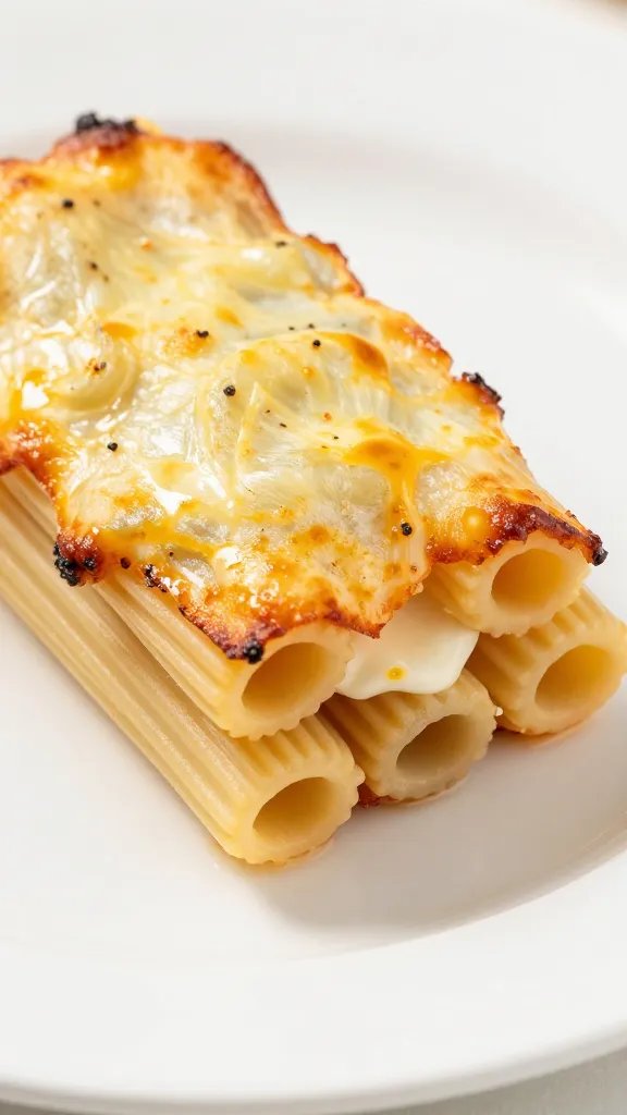 closeup of keto baked ziti scoop on white plate