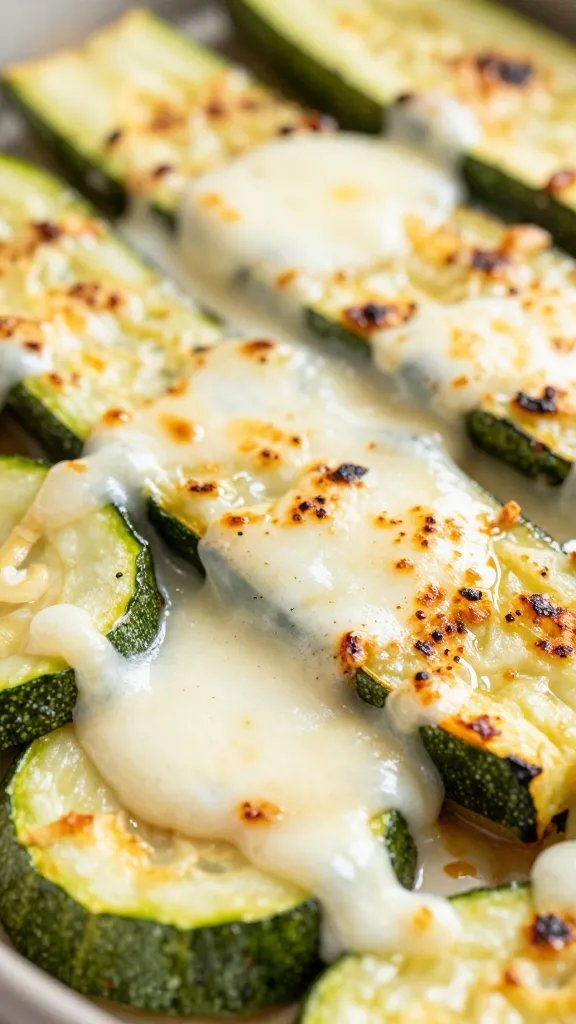 roasted zucchini “ziti” closeup with melted mozzarella