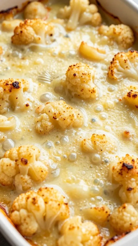 cheesy cauliflower “ziti” bake closeup with bubbling sauce