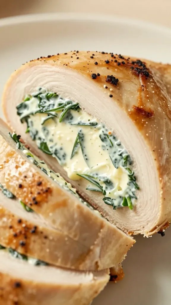 sliced stuffed chicken showing creamy ricotta spinach filling closeup