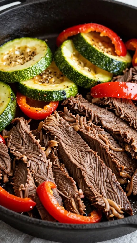 closeup cast-iron skillet Italian beef with zucchini and peppers