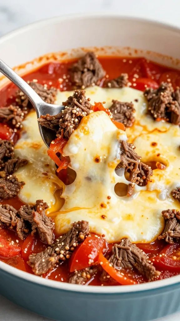 spoonful of melty mozzarella over tomatoey Italian beef skillet